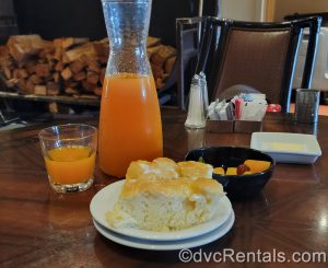 Juice and bread from ‘Ohana restaurant at Disney’s Polynesian Villas & Bungalows