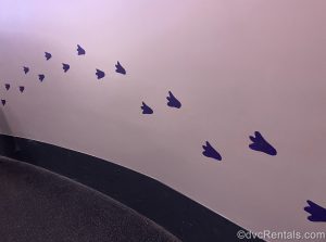 Purple dragon-shaped footprints on the side of a wall in a hallway.