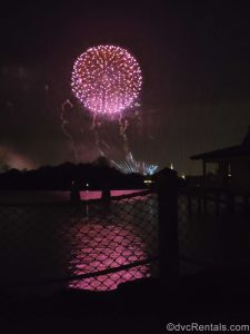A photo of the fireworks from the beach at the Polynesian