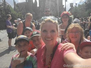 A selfie of Lesley with her family at the Wizarding World of Harry Potter