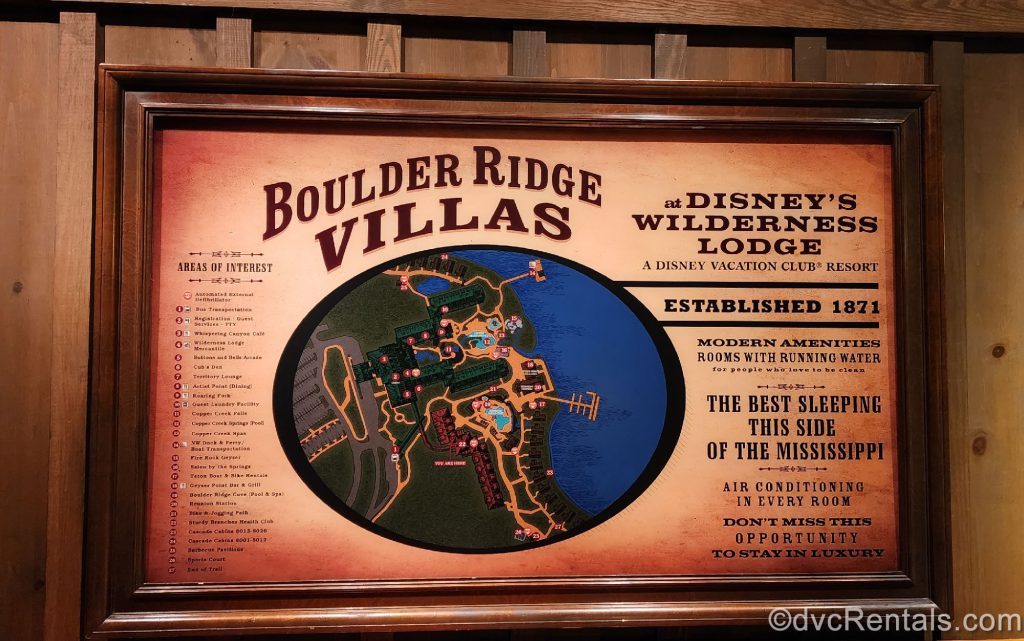 Boulder Ridge Villas Map in a Wooden Frame Hung on the Wall