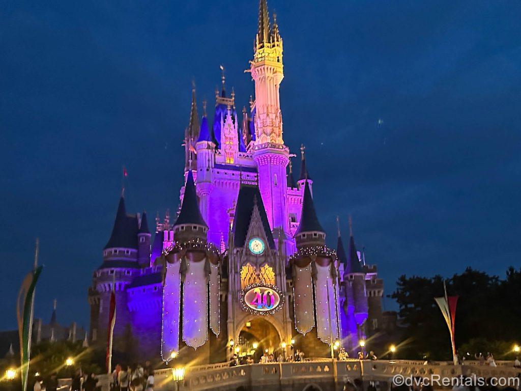 Cinderella Castle in Tokyo Disneyland with 40th Anniversary Sign on it