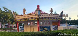 Leaping Horse Libations at Disney’s Boardwalk Resort. The carousel-themed snack shack included red-and-white stripes, paintings of horses, and mirrors just underneath the awning.