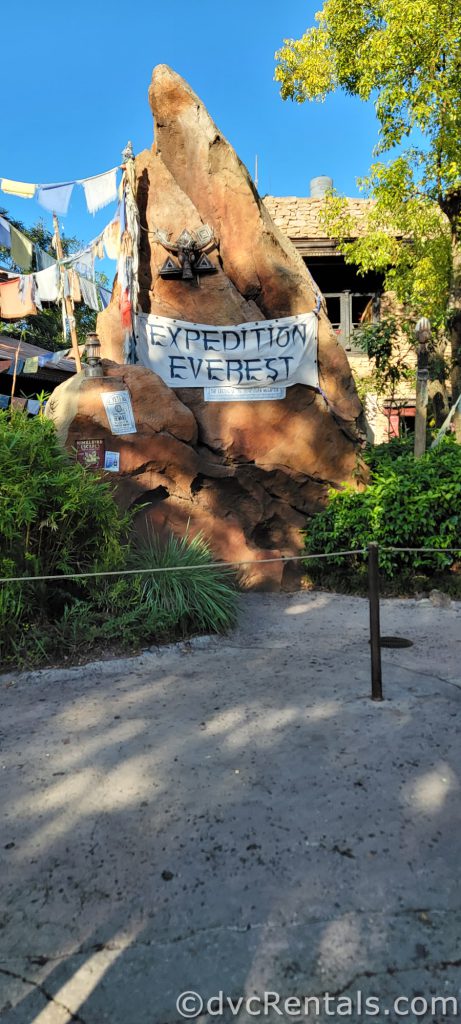 Sign for Expedition Everest written on a white flag attached to a large boulder.