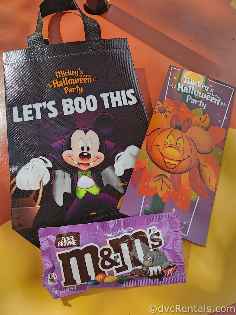 Mickey's Not So Scary Halloween Party Pamphlet, Trick or Treat Bag, and Pack of M and M's.