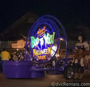 Boo To You Entrance Float walking down the road in front of the Country Bear Jamboree in Frontierland.