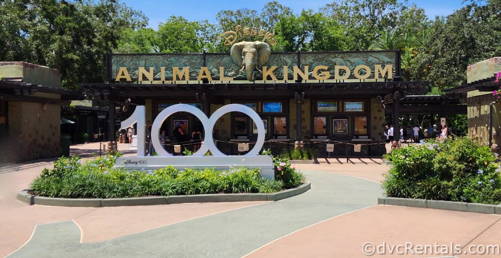 Entrance to Disney’s Animal Kingdom Park with the Disney 100 statue out front.