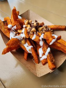 Loaded Sweet Potato Fries covered in Cinnamon Sugar, Marshmallow Fluff, and Butterscotch Chips.
