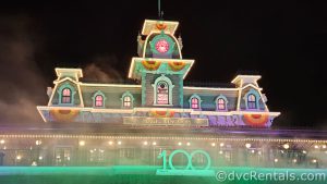 Train Station at the Entrance of Magic Kingdom with Halloween Lighting.