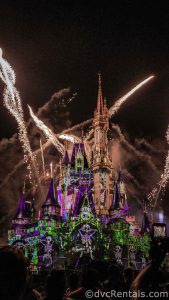 Disney's Not-So-Spooky Spectacular Fireworks with projections of Skeletons dancing on Cinderella Castle.