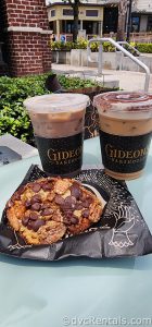 Chocolate Chip Cookie and Two Iced Coffees in front of Gideon's Bakehouse in Disney Springs.