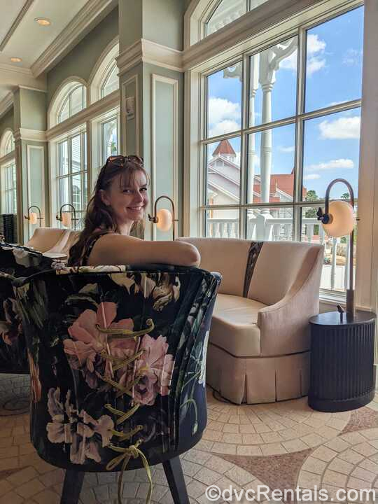 Cassidy sitting in the lounge area at Citricos in Disney's Grand Floridian Resort.