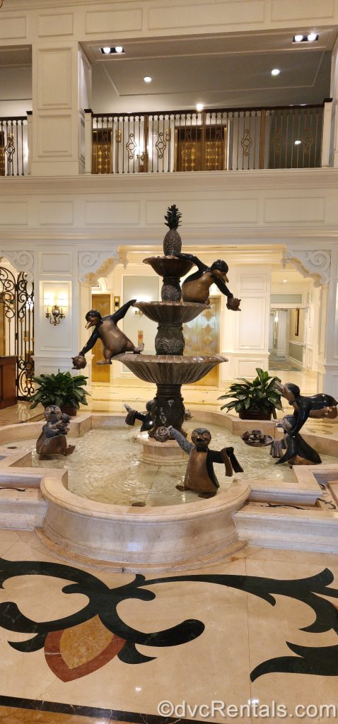 Mary Poppin's Penguin Fountain in the lobby of the Villas building at Disney's Grand Floridian Resort.