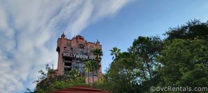 Outside of the Tower of Terror in the distance, with trees in the front of the photo.