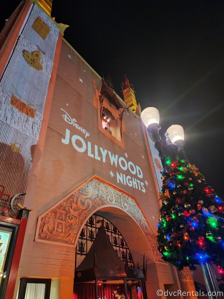 Disney's Jollywood Nights Sign Projection on the front of the Chinese Theater at Hollywood Studios.