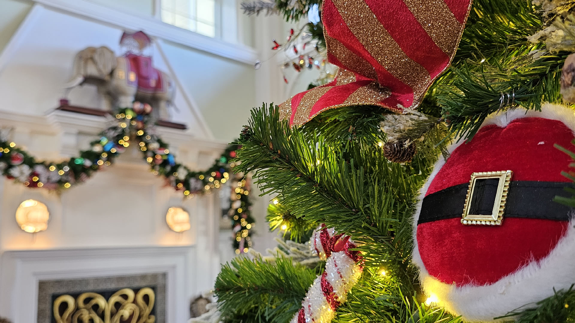 Close Up of Santa Ornament on a Christmas Tree at Disney's Boardwalk Resort.