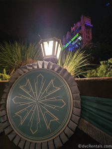 Tip Top Club Holiday Decor with the Hollywood Tower Hotel in the Background.