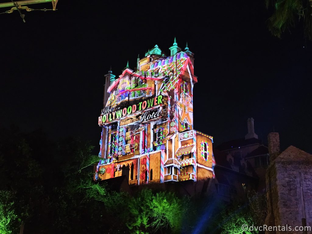 Projection of a Gingerbread House on the Hollywood Tower Hotel.