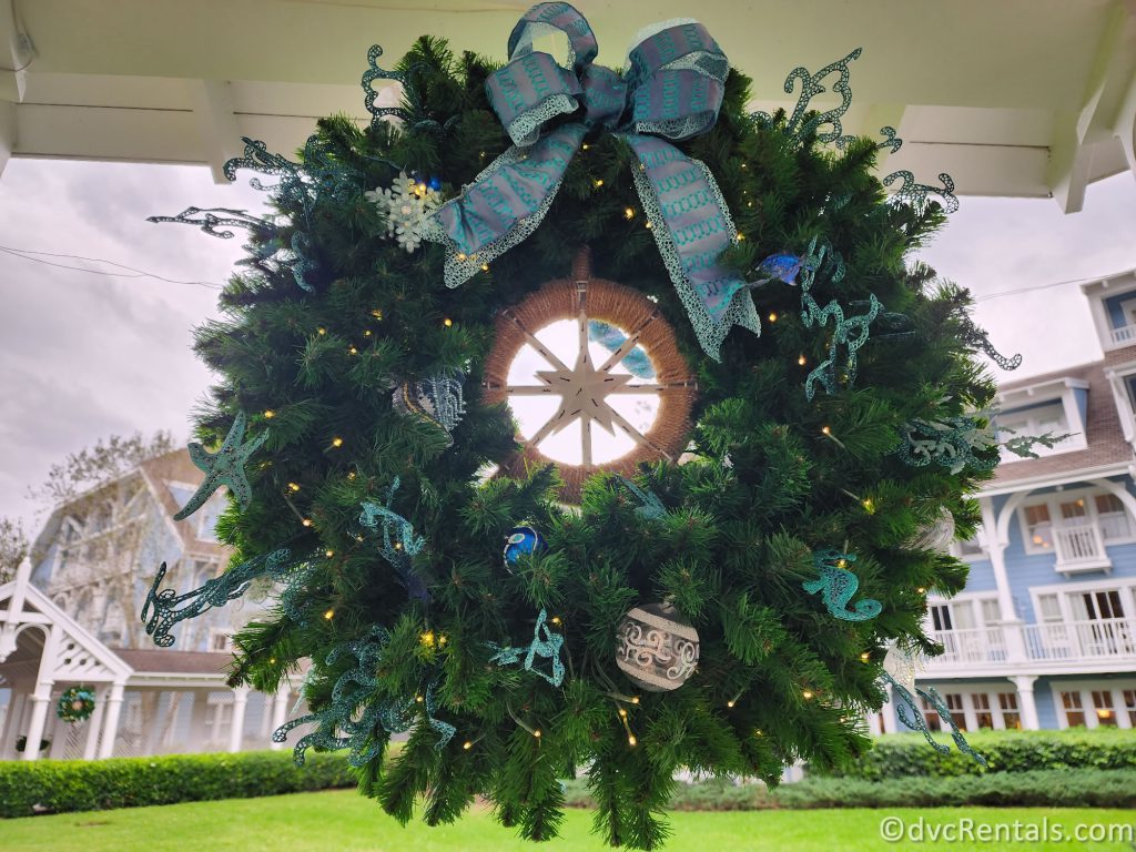 Wreath hanging outside at Disney's Beach Club Resort.