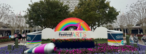 Festival of the Arts entry sign with a rainbow, clouds, two paint can statues, a paint statue, and Figment holding a paintbrush.