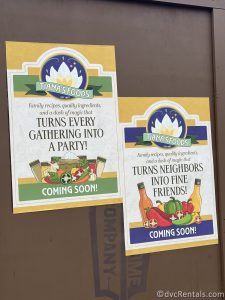 Posters hanging on the brown construction walls around Tiana's Bayou Adventure.
