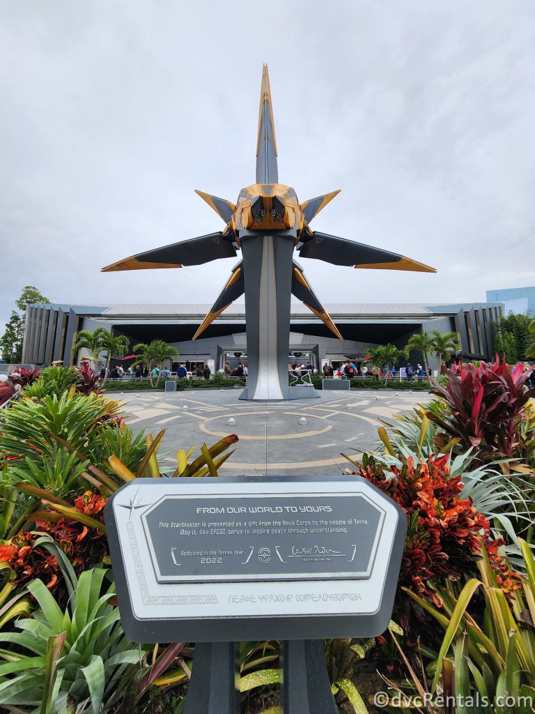 Yellow and Black Spaceship in front of Guardians of the Galaxy Ride.