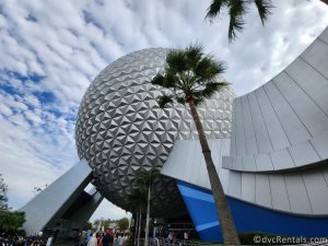 Exterior of Spaceship Earth with a Palm Tree in front of it.