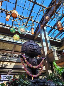 Wooden Tiki Statue in the lobby at Disney's Polynesian Villas.