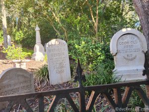 Tombstones in the cemetery in the queue of the Haunted Mansion at Magic Kingdom.