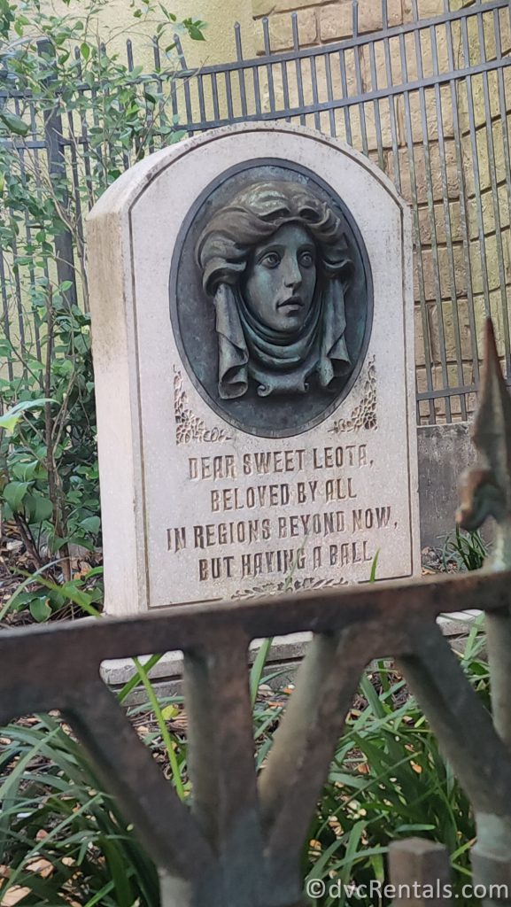 Madam Leota's tombstone in the cemetery in the queue of the Haunted Mansion at Magic Kingdom.