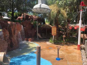 Shooting Water Canons and a waterfall in the water play area at Disney's Animal Kingdom Villas, Kidani Village.