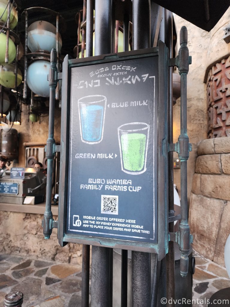 Sign advertising Blue and Green Milk in Star Wars: Galaxy's Edge at Disney's Hollywood Studios.