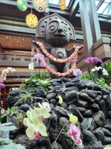 Tiki Statue in the middle of the lobby at the Great Ceremonial House at Disney's Polynesian Village Resort.