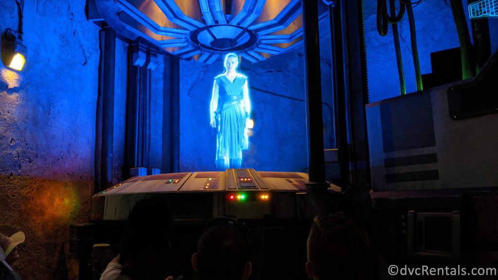 Hologram of Rey from Star Wars on Rise of the Resistance in Star Wars: Galaxy's Edge at Disney's Hollywood Studios.