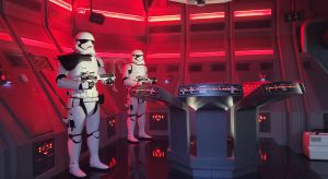 Two animatronic Stormtroopers standing with blasters on Rise of the Resistance in Star Wars: Galaxy's Edge at Disney's Hollywood Studios.