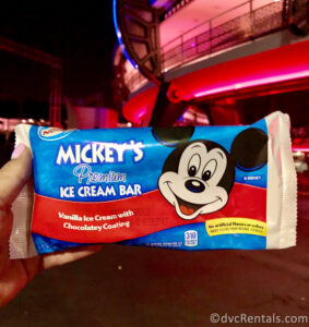 Mickey's Premium Ice Cream Bar Package. Red and Blue package that has Mickey Mouse's face on the front.
