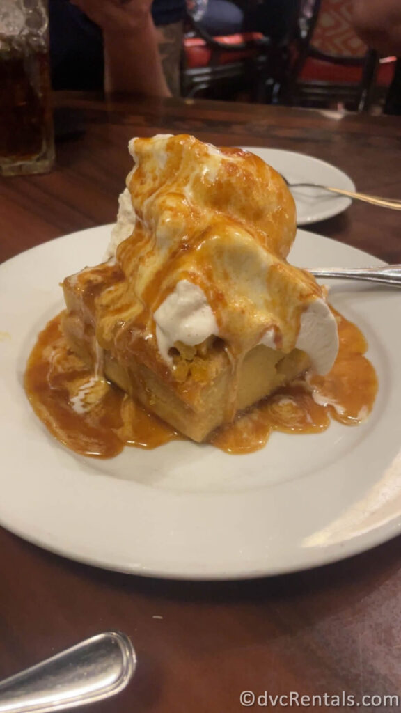 'Ohana Bread Pudding Covered in caramel sauce.