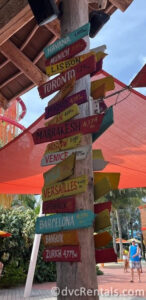Colorful signs on a wooden post pointing to different countries with the distance to them.