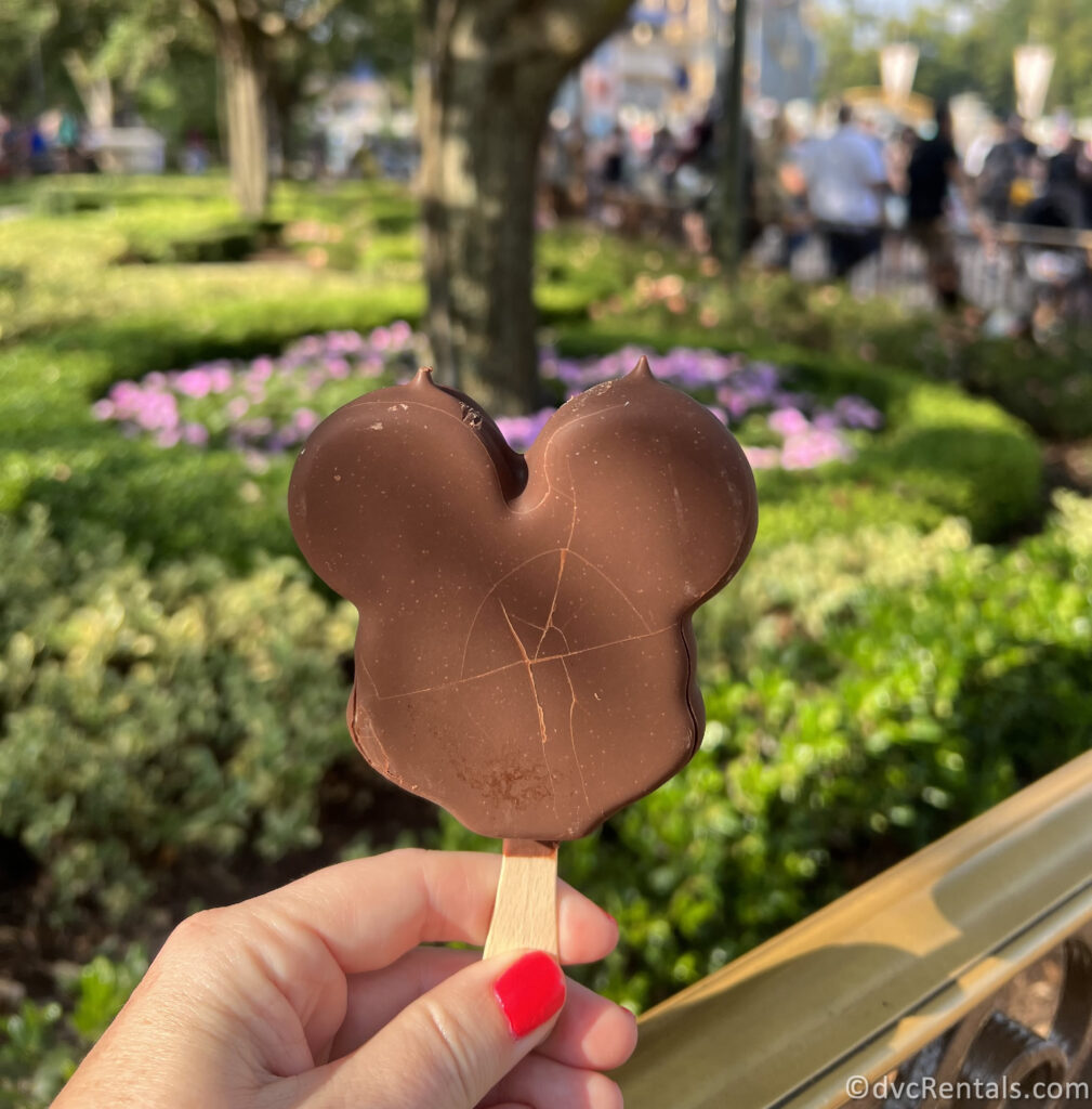 Mickey's Premium Ice Cream Bar being held up. The Chocolate Ice Cream Bar is shaped like Mickey Mouse's head.