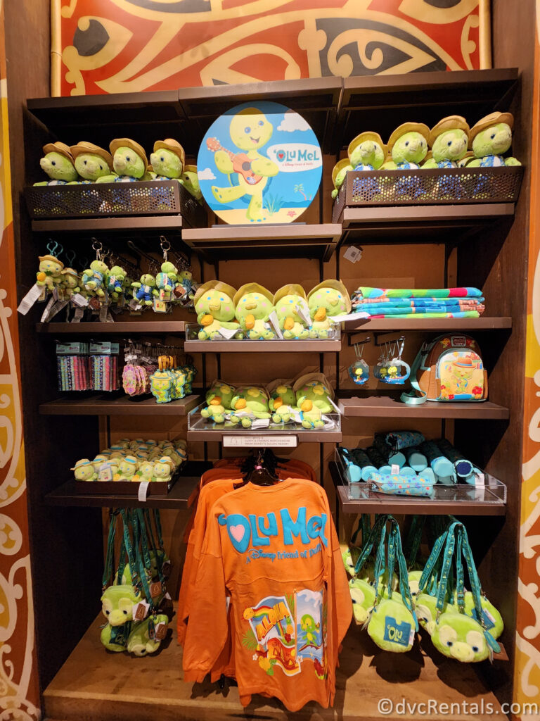 Display of Olu Mele Souvenirs at Disney's Polynesian Villas Resort. Olu Mele is a turtle character who is a friend of Duffy's from Disney's Aulani Resort.