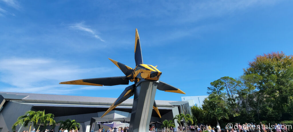 Yellow Nova Corps Ship outside of the entrance to Guardians of the Galaxy: Cosmic Rewind.