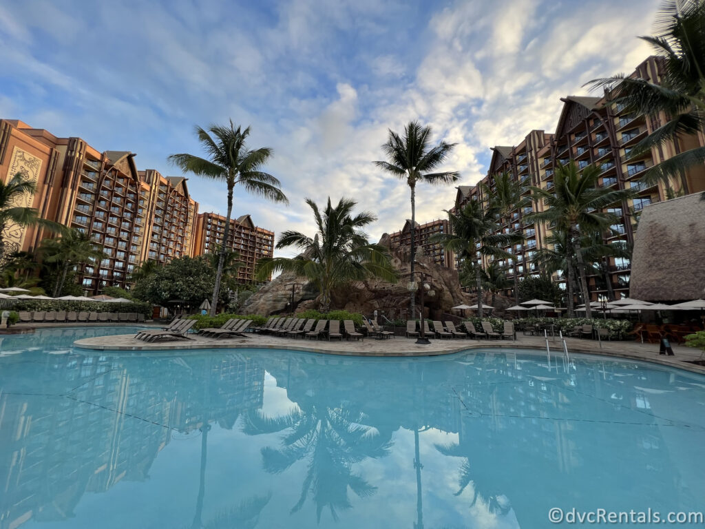 Pool at Aulani with the building in the background.