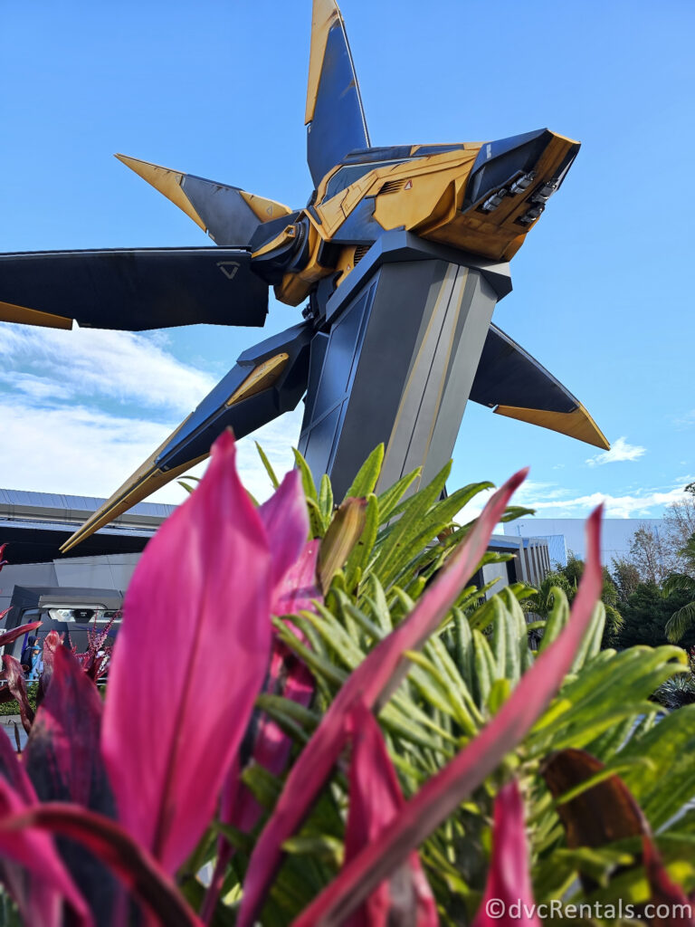 Yellow Nova Corps Ship outside of the entrance to Guardians of the Galaxy: Cosmic Rewind.