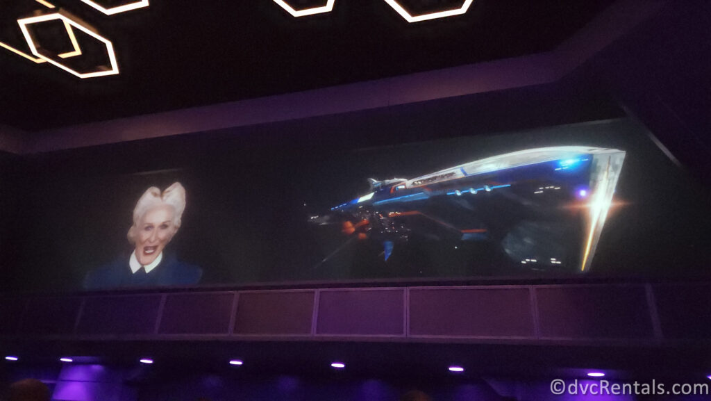 Glenn Close as Irani Rael on a screen in the pre-show for Guardians of the Galaxy: Cosmic Rewind.