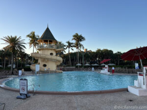 Pool Area with Yellow Watch Tower Water Slide at Disney's Vero Beach Resort.