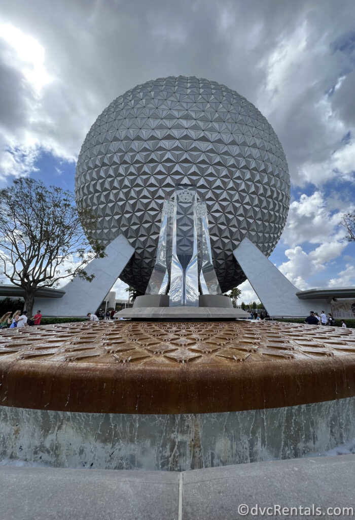 Exterior of Spaceship Earth at the entrance of Epcot.