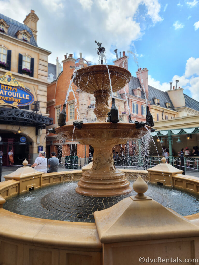 Fountain in front of Remy's Ratatouille Adventure in the France Pavilion at Epcot.