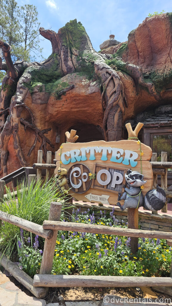 Wooden Critter Co-op Sign. There is a cartoon raccoon sitting on the sign.