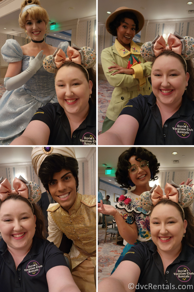 Taycee posing with Cinderella, Tiana, Mirabel, and Aladdin at 1900 Park Fare.