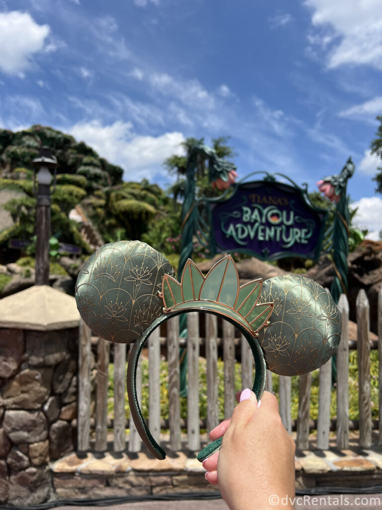 Tiana-themed ears are being held up in front of the Tiana's Bayou Adventure Sign.